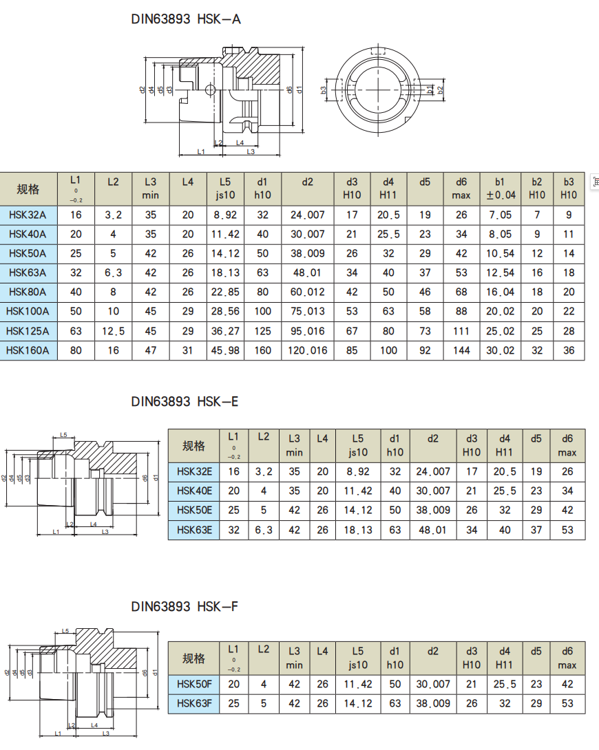 DIN63893 HSK Type A E F Tool holders